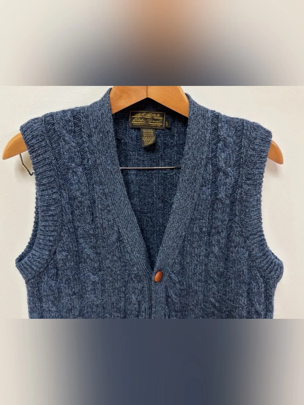 VTG Eddie Bauer Wool Cable Knit Sweater Vest Heathered Gray USA Made Mens Sz S